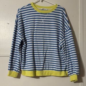 Amazon Blue and White Striped Crewneck Sweater with Yellow Accents